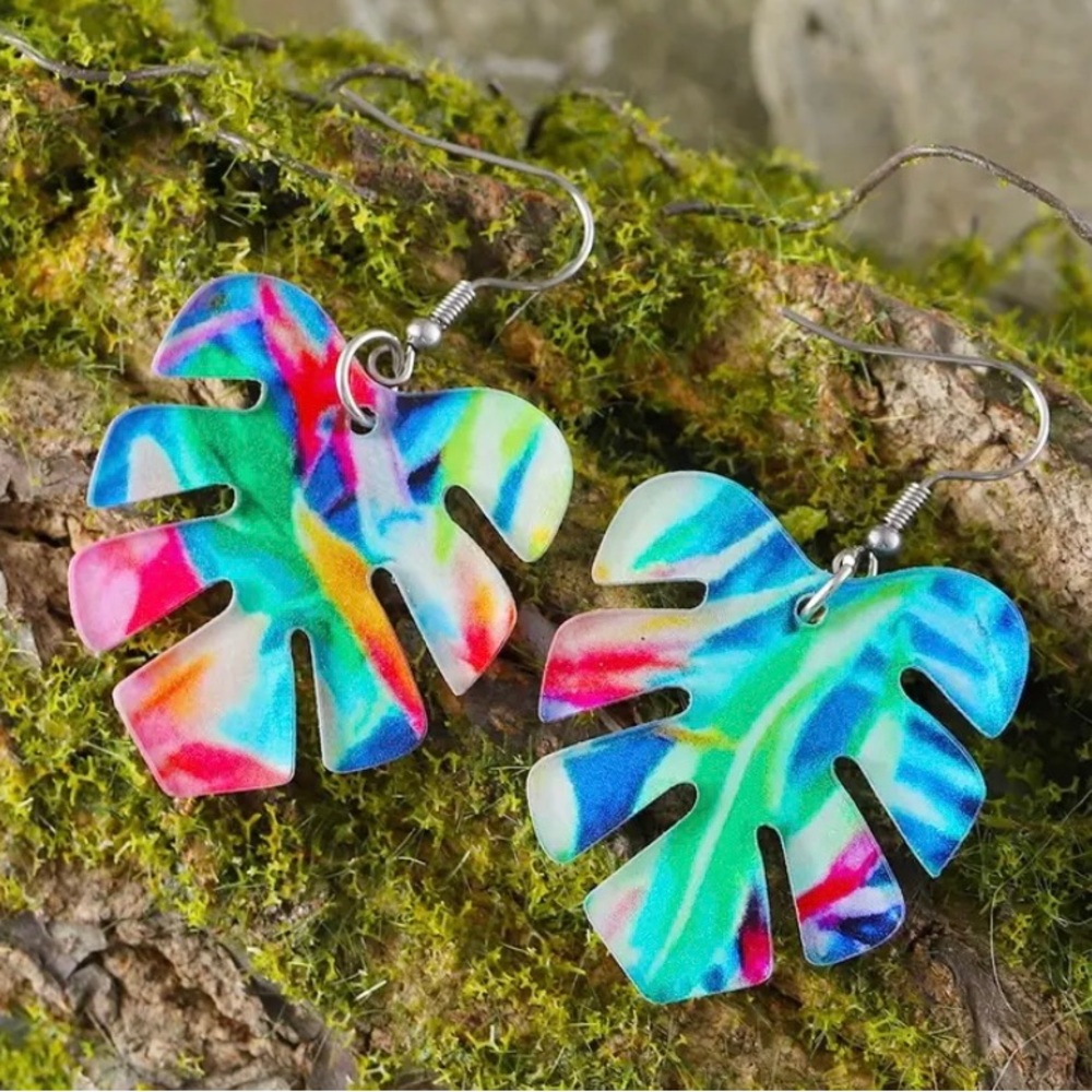 Watercolor Palm Leaf Acrylic Dangle Earrings